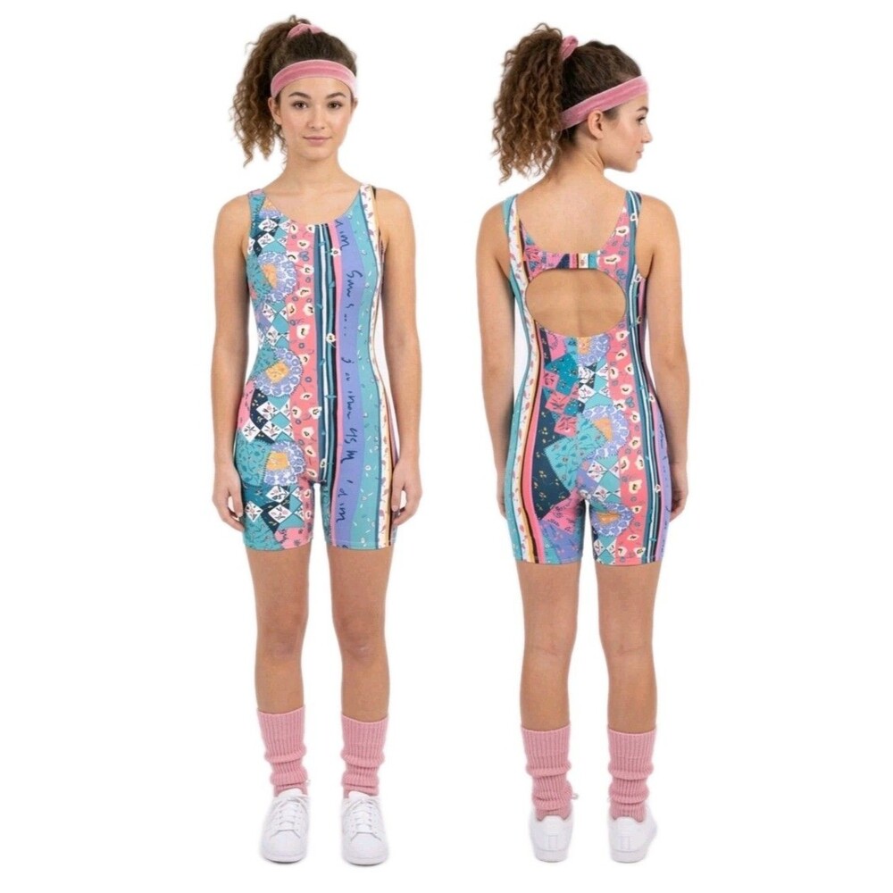 Gilda Marx Kid VTG 80s Pastel Patchwork Cotton Biketard Unitard Open Back Size L